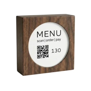 90 mm Tischaufsteller aus Holz mit eingefassten Inlays hinter Acrylglas